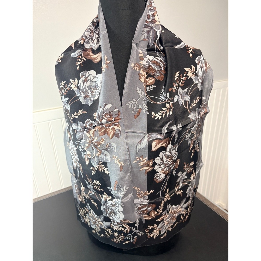 Liz Claiborne Vintage 1995 Silk Scarf Black Grey Floral Print Rectangular 50x11